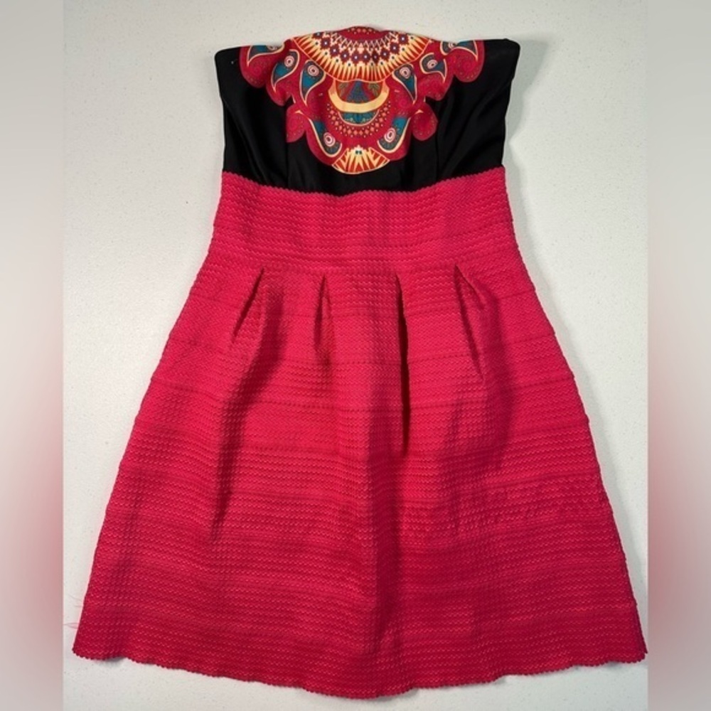 New York &‎ Company Strapless Pink Black Medallion Fit Flare Dress M